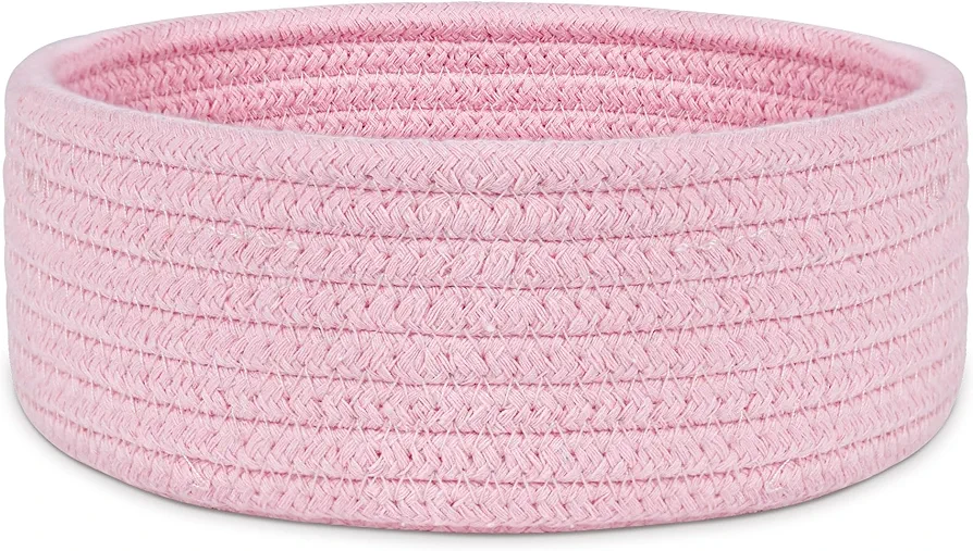 ABenkle Small Woven Basket, Empty Tiny Shallow Storage Basket, Mini Cotton Rope Baskets, Round Decorative Hamper, Montessori Basket Storage Bins for Toys, Spa, Socks, Nursery, Kids Room, Pink