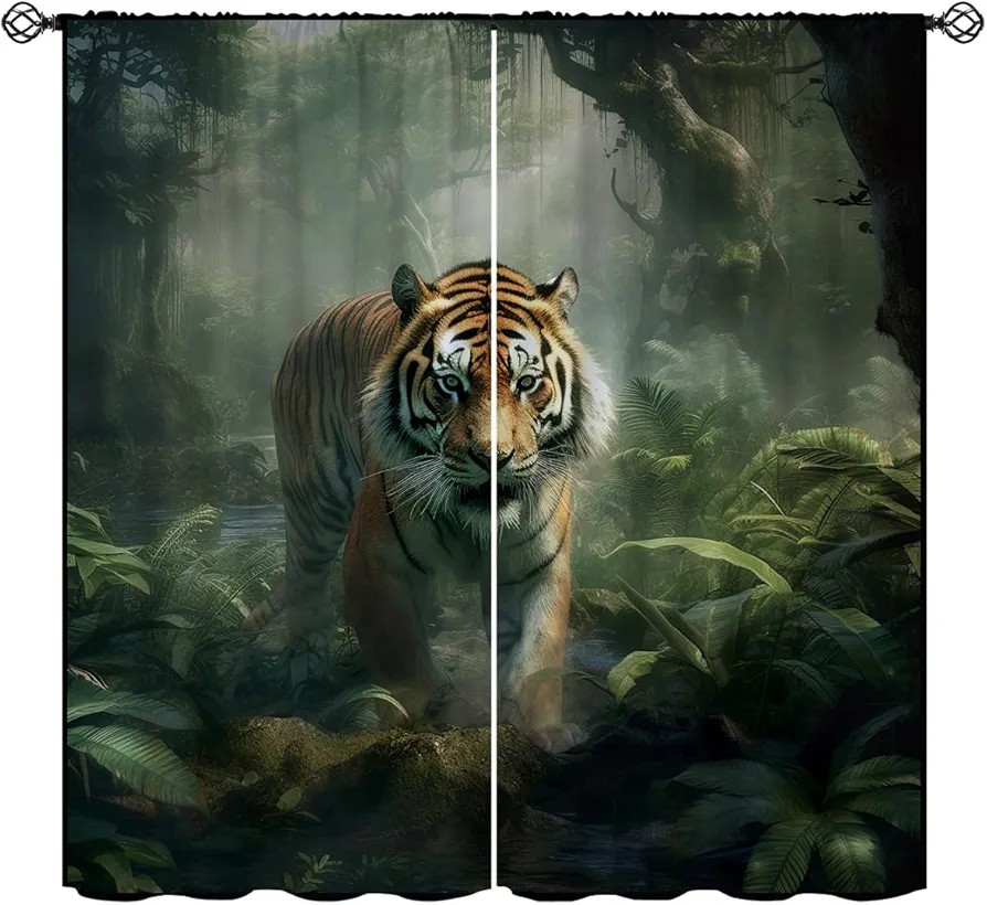 Ferocious Tiger Blackout Curtains for Girls Boy Home Decor, Animal Forest Kids Wild Tiger Nature Rod Pocket Thermal Insulated Drapes Darkening Window Curtain for Bedroom Living Room, 84 x 84 Inch