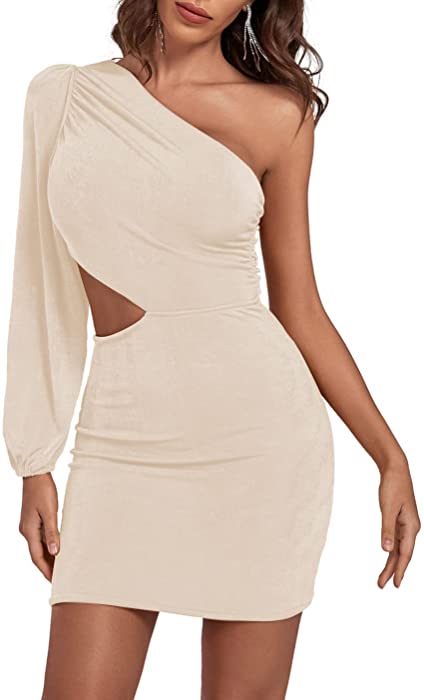 LYANER Women's One Shoulder Long Sleeve Cutout Bodycon Club Cocktail Mini Dress