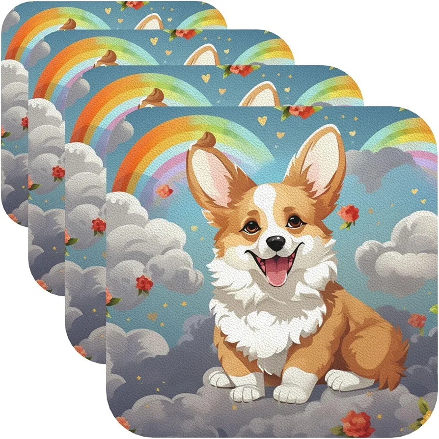 Drink Coasters with Holder Cute Corgi Leather Coasters Round Coaster for Drinks Tabletop Protection Cup Mat Decorate Cup pad for Coffee Table Kitchen Dining Room Bar Decor