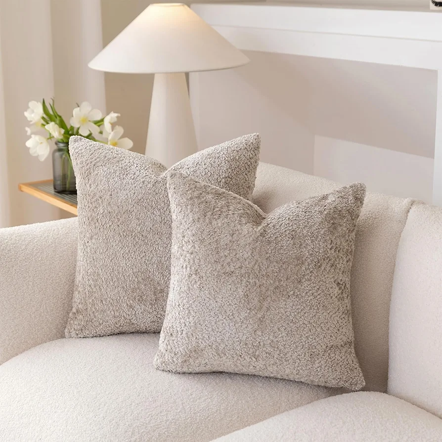 Neutral Pillow Covers 18x18 Chenille Pillow Covers Set of 2 Decorative Pillows for Couch Luxury Plush Throw Pillow Covers for Bed Accent Pillows for Living Room Sofa, Beige