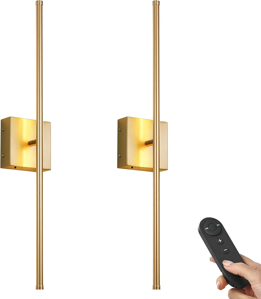 Battery Operated Wall Sconces with Remote Control, Dimmable Wall Sconces Set of Two, 350°Rotate, 3000K LED Gold Wireless Wall Light for Living Room, Hallway, Bedroom, 32.2 Inch (2 Pack)