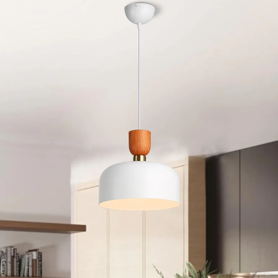 Industrial White Pendant Light Fixture for Kitchen Island, Bedroom, Living Room - Modern Hardwired Ceiling Chandelier Farmhouse Mounted Lamp with Metal and Wood Sconce Design