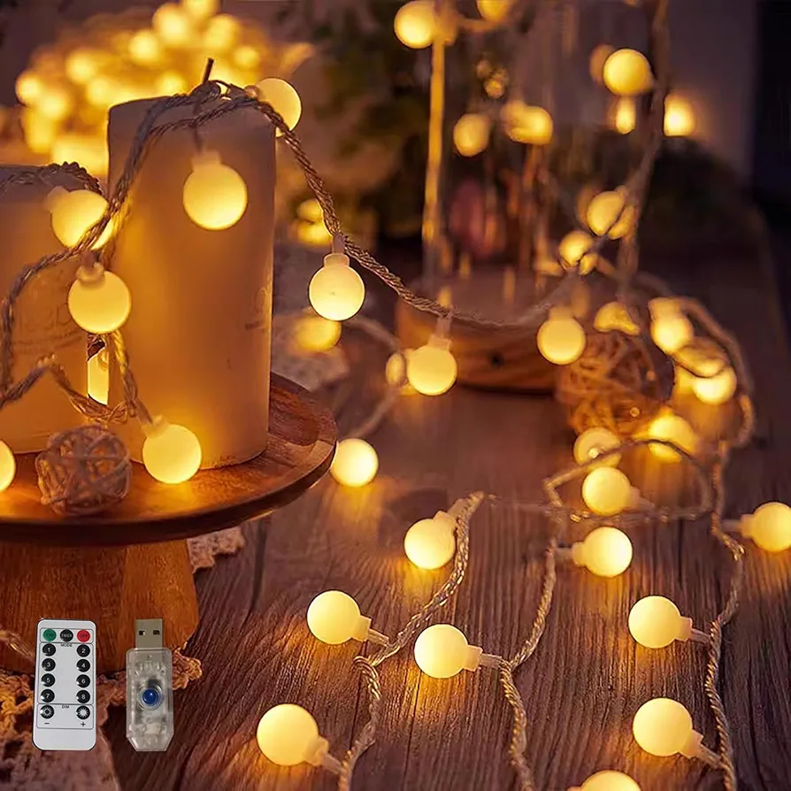 Globe String Fairy Lights Plug in 17.5 ft 50 LED Mini Frosted Bulb USB Powered Remote Control 8 Modes Flash for Christmas Tree Indoor Bedroom Classroom Dorm Party Decor (Warm White)