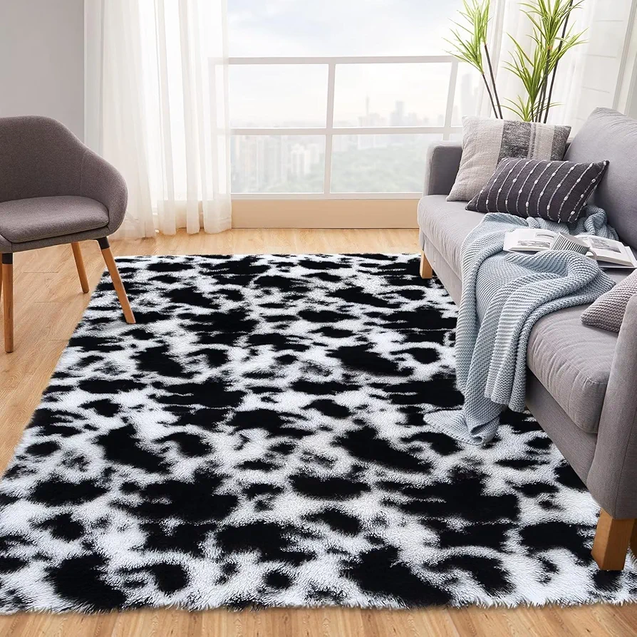 Area Rug 9x12 Soft Fluffy Rainbow Kids Rug Luxury Fuzzy Shag Rug for Girls Room Bedroom Modern Indoor Plush Thick Non-Slip Shaggy Rug for Living Room Nursery Cute Throw Carpet Black White