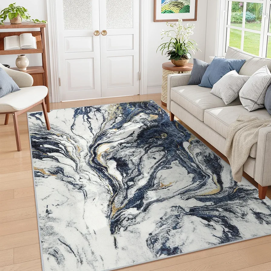 Uphome Modern Living Room Rug, 5x7 Washable Bedroom Rug, Non-Slip Soft Foldable Dining Room Rug, Contemporary Marble Aesthetic Area Rug for Kitchen Nursery Kids Room, White/Blue