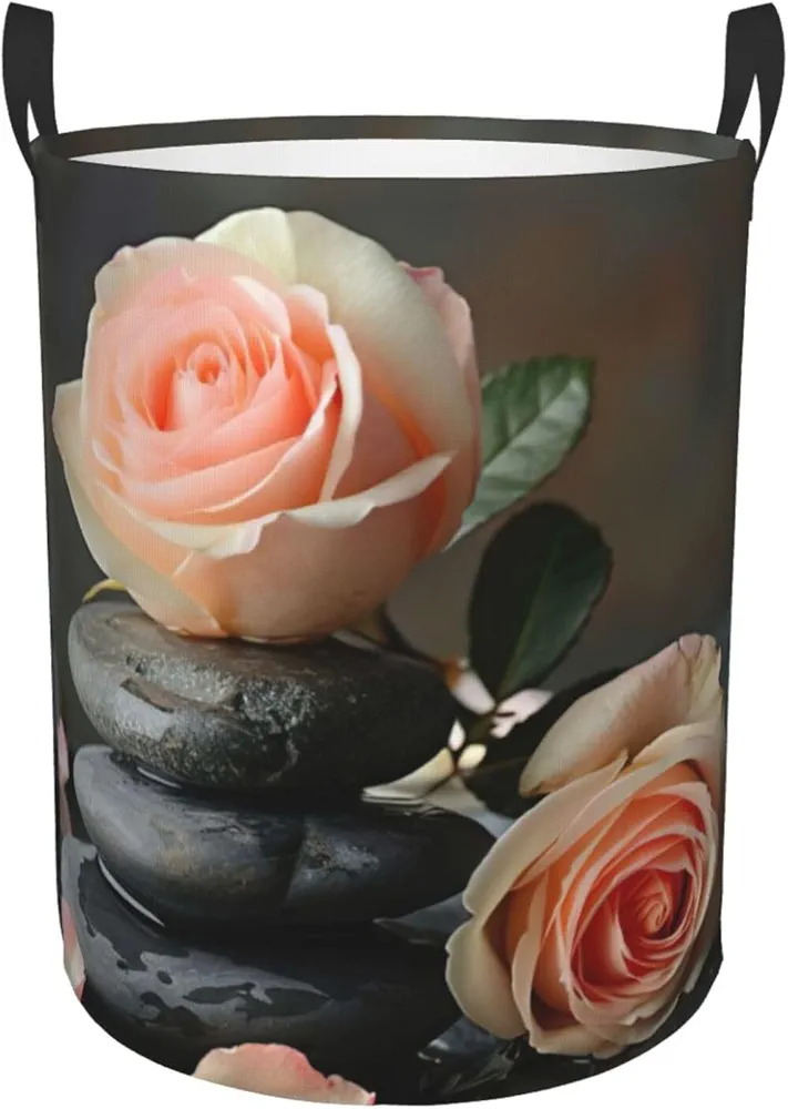 Spa Stone And Rose Flowers Print Round Single Layer Dirty Laundry Basket With Handle Dirty Laundry Bag, Toy Storage Basket.