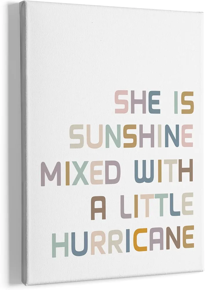 HIWX She Is Sunshine Mixed With A Little Hurricane Framed Canvas Painting Wall Art Decor, Positive Quotes Wall Art Artwork Home Decoration For Home Nursery Playroom Girls Room 11x14 Inch