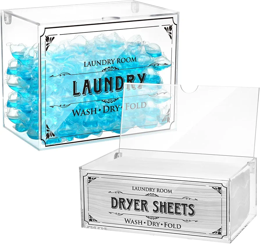 2 Pcs Clear Dryer Sheet Holder Acrylic Laundry Pods Container with Lid Transparent Dryer Sheet Dispenser Laundry Room Organizer Storage Box for Detergent Fabric Softener Sheets, 2 Size