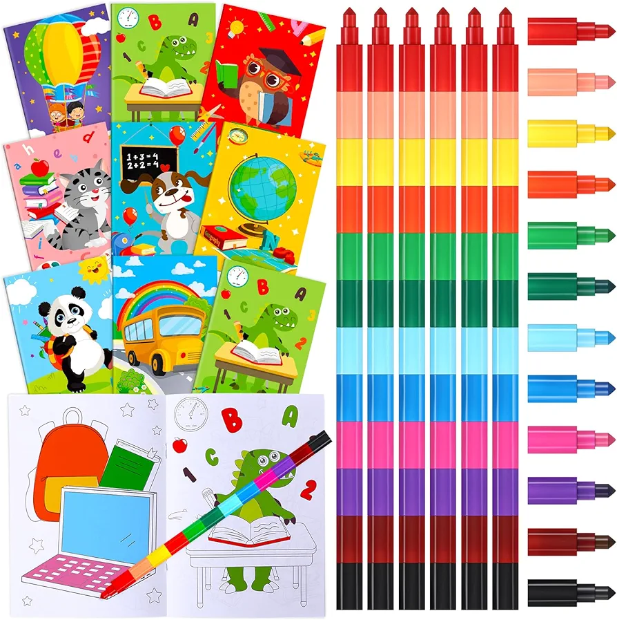 Funrous 24 Pcs Preschool Kindergarten Coloring Books Bulk For Kids With 24 Stacking Crayons Mini Coloring Books for Kids Party Favors Classroom Birthday Return Gifts Bag Stuffers(Land Animal)