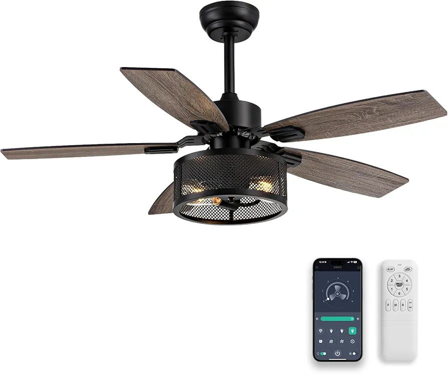 42 Inch Ceiling Fans with Lights and Remote/APP Control, Brown Ceiling Fan for Bedroom Living Room and Patio, Caged Ceiling Fan with 2 E26 LED Lights(Bulbs not included), Indoor and Outdoor