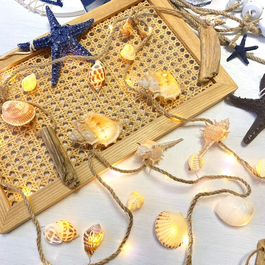 Beached Themed Sea Shell Decorative Conch Hemp Rope Lights, Nautical Night String Lights Lit by 39 LEDs 19 Shells 6.6 feet Battery Powered for Summer Camping Wedding Birthday Bedroom Home Parties