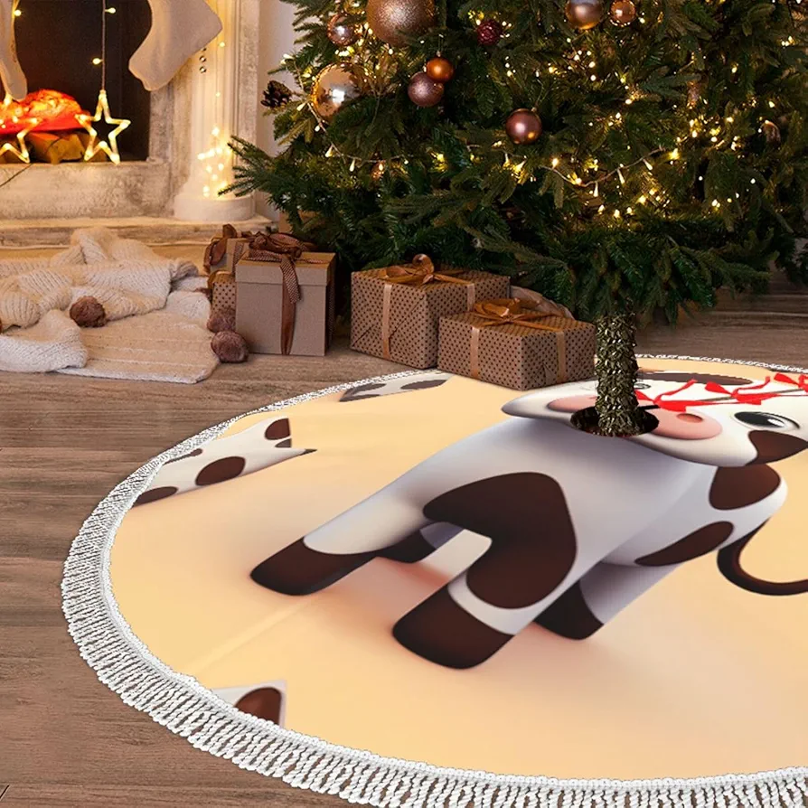 Christmas Tree Skirt with Tassel Cute Cow 48" Xmas Tree Skirts Tassel Tree Mat Ornament for Home Indoor Outdoor Room Holiday Decoration