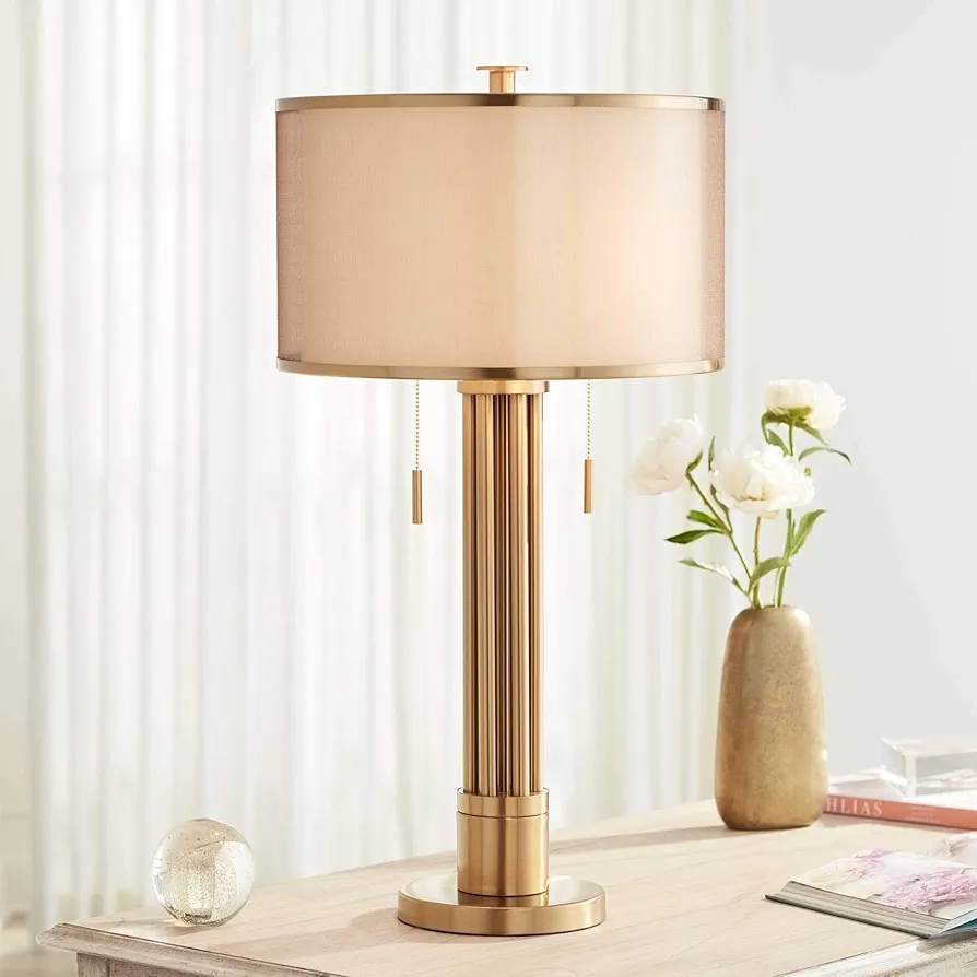 Possini Euro Design Granview Modern Table Lamp 32 1/2" Tall Brass Column Taupe Organza Outer Off White Linen Inner Drum Shade for Bedroom Living Room House Bedside Nightstand Home Office Entryway