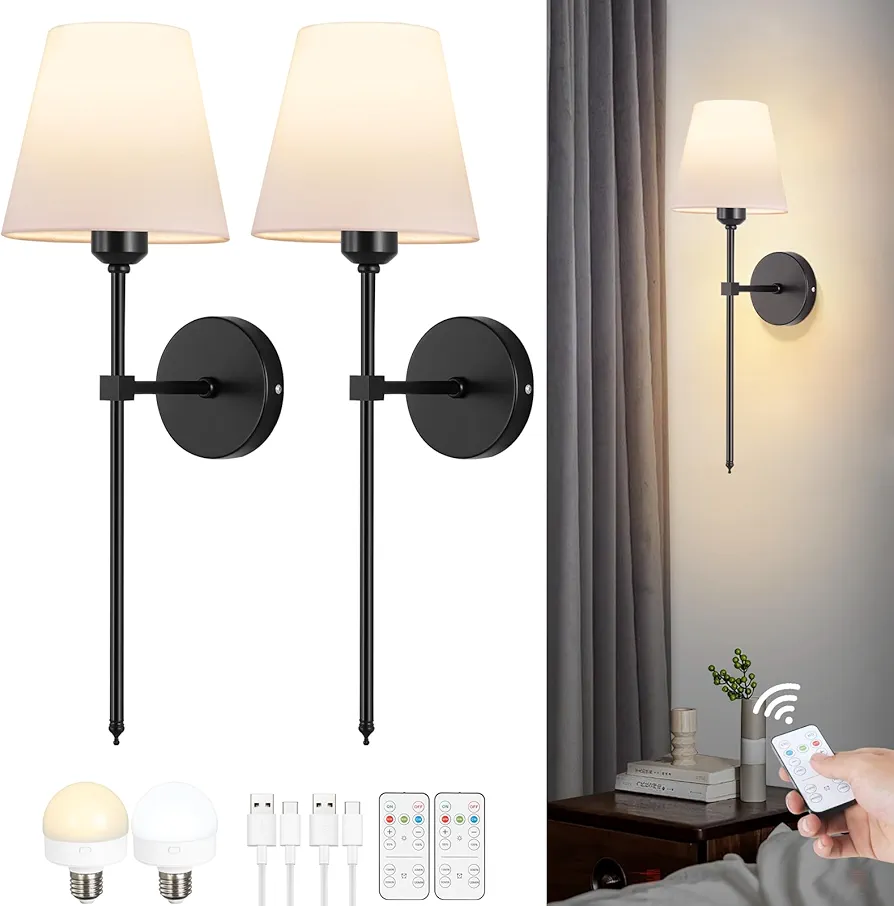 Wireless Battery Operated Wall Sconces Set of 2，Black Cordless Rechargeable Wall Lights with Remote & Dimmable LED Light Bulb,Smart Battery Powered Lamp Decor for Bedroom Living Room Hallway