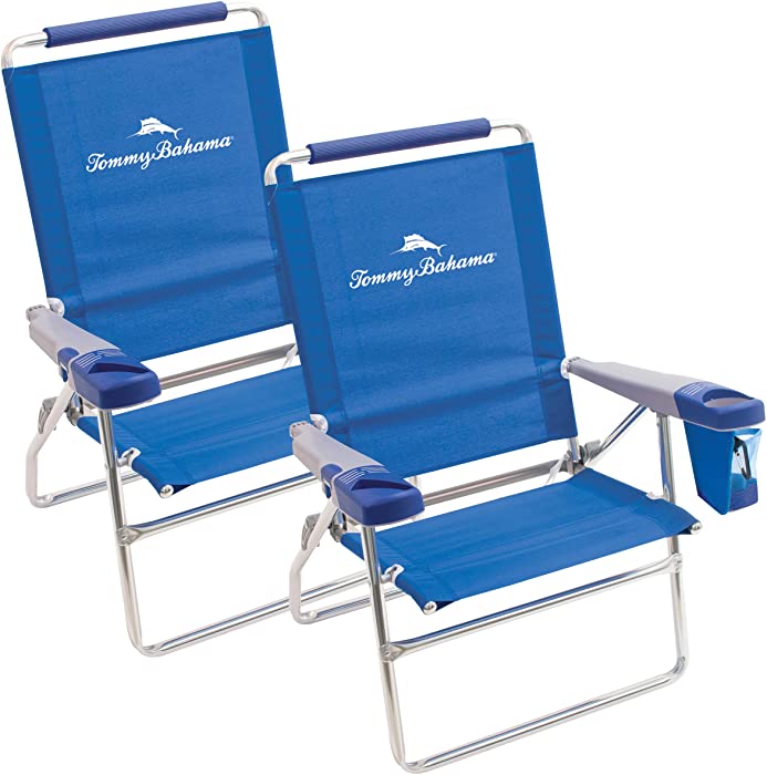 Set of 2 Tommy Bahama Highboy 4 Position Beach Chairs 15 Inch Seat Height with Cupholder, Side Storage Pouch and Mobile Phone Holder