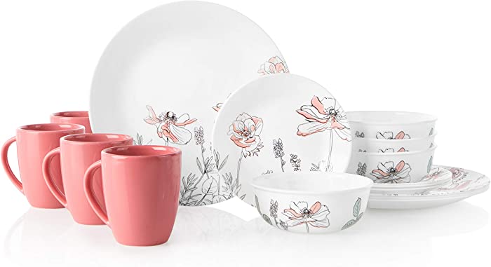 Corelle 16-Piece Dinnerware Set Service for 4, Chip Resistant, Glass, Poppy Print