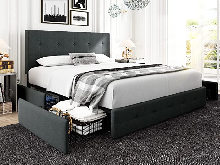 Hoomic Queen Upholstered Platform Bed Frame with 4 Storage Drawers, Wooden Slats Support, Adjustable High Headboard with Square Stitched Button Tufted Design, No Box Spring Needed,Dark Grey