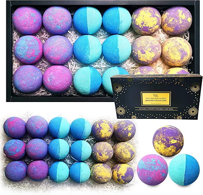 Bath Bombs Gift Set for Women & Men! Essential Oil Healing Bath Bombs Gift Box with 18 Large Natural Moisturizing Bath Bombs. Bulk Wrapped Bath Bombs Gift Set for Dry Skin