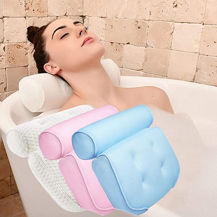 XXIOJUN Bathroom Pillow, Non-Slip 6 Large Suction Cups Bathtub Pillows, 3D Breathable Air MeshBath Cushion Headrest, Waterproof Home Bath Pillow Spa (Color : White)