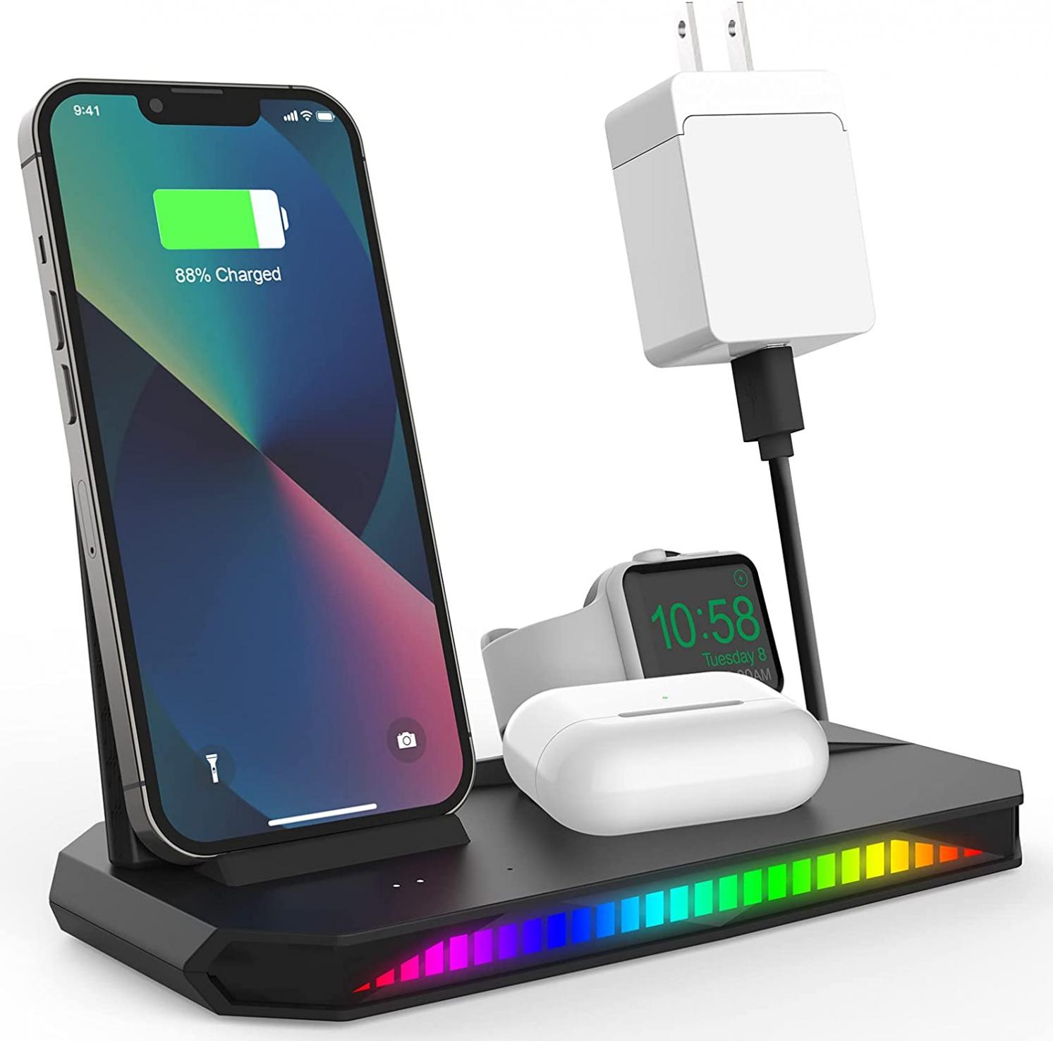 3 in 1 Wireless Charger RGB Fast Charging Station Detachable Wireless Charging Stand for iPhone14/13/12/11/X/8/Samsung Galaxy Phone Series Qi Charger Pad for Apple Watch SE/7/6/5/4/3/2/AirPods Pro/3/2