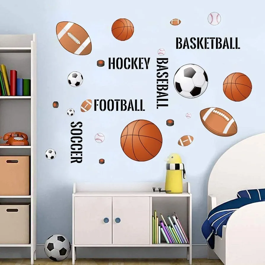 Supzone Sport Balls Wall Stickers Boys Wall Decals Basketball Soccer Baseball Football Hockey Wall Decor Boys Playroom Bedroom Classroom Living Room