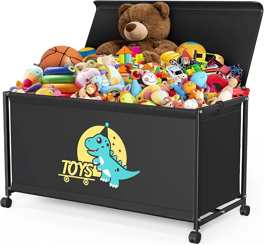 XXX-LARGE Toy Box for Boys Girls, 150L Kids Toy Box for Living Room Area, 32.7”x16.9”x18.9” Toy Chest Bin Box Baskets with Wheels, Toy Storage Organizer with Lids for Playrooms, Yoga Mat Basket, Black