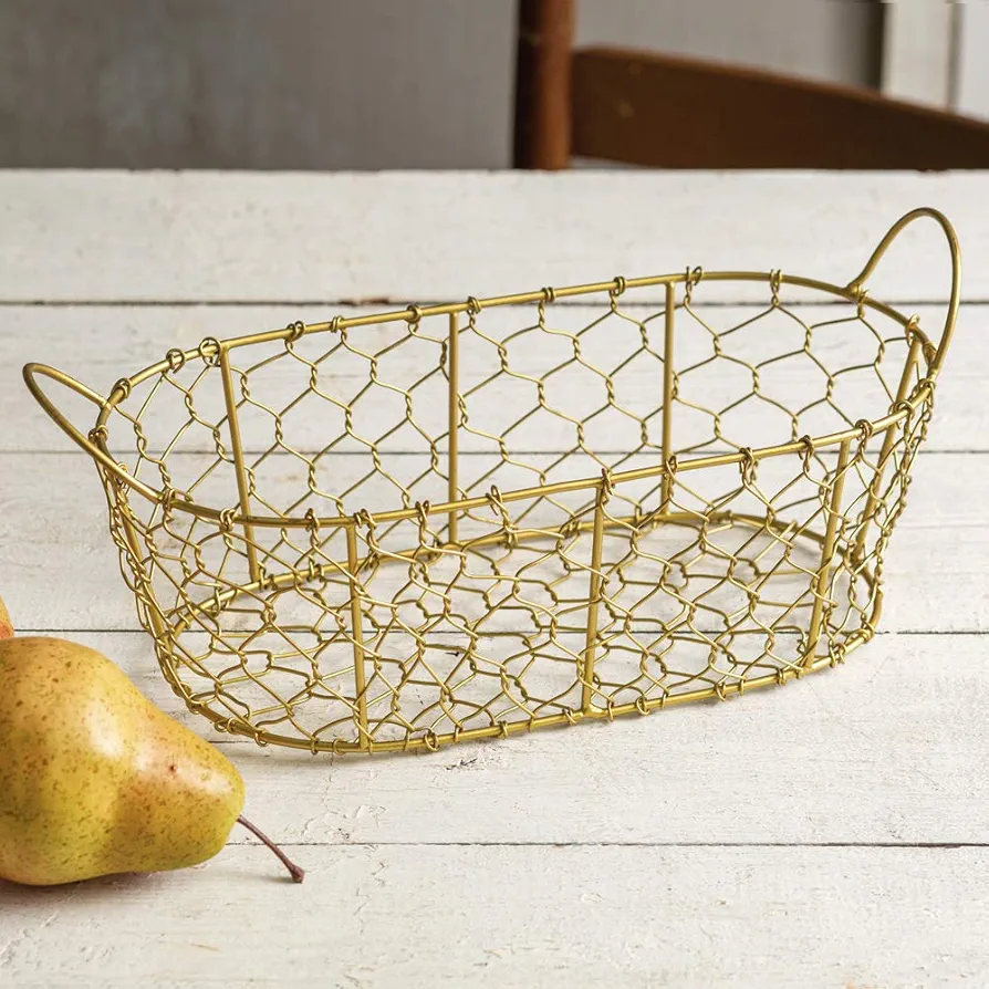 Colonial Tin Works Oval Chicken Wire Basket Small Decorative Farmhouse Centerpieces Bathroom Storage Organizer Metal Bin with Handles for Kitchen Cabinets, Pantry, Laundry Room, Gold