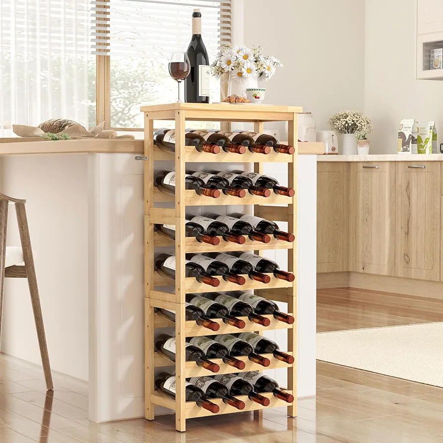 28-Bottle Wine Rack Free Standing Floor, Solid Wood 7-Tier Display Wine Storage Shelves with Tabletop, Wobble-Free Bottle Holder for Cellar Kitchen Bar Dining Room Living Room, Oak