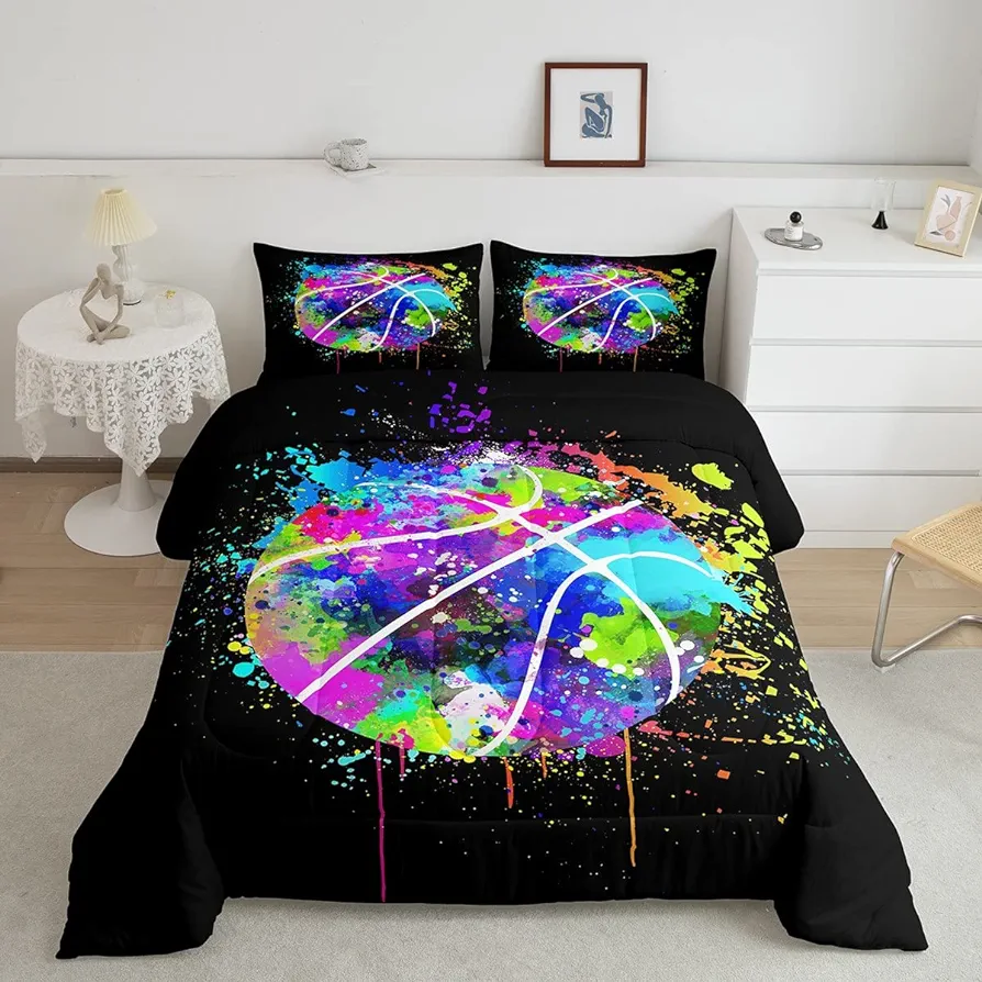 Basketball Comforter Set Twin Size,Watercolor Tie-dye Duvet Insert for Kid Teen Boys Girls Room Decor,Color Graffiti Hip Hop Style Quilted Duvet,Cartoon Sport Gaming Quilt Cover with 1 Pillowcase