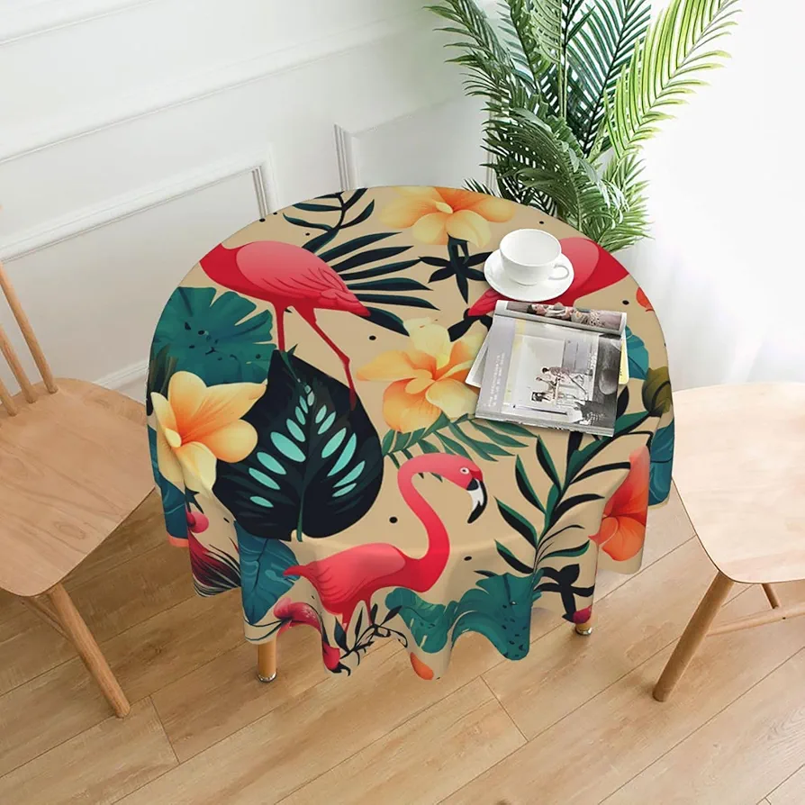 Tropical Pattern Print Tablecloth Waterproof Wrinkle Resistant Round Table Cover Washable Table Cloth for Indoor Outdoor Kitchen Dining Room Holiday Decorative 60 Inch