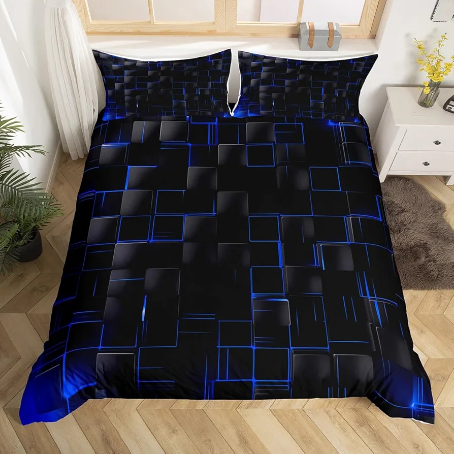 Geometric Grid Duvet Cover Set Twin Size, Royal Blue and Black Checkered Bedding Cover, Men Women Room Decor, Modern Abstract Check Plaid Square Bed Sets for All Season, 1 Pillowcase, No Comforter