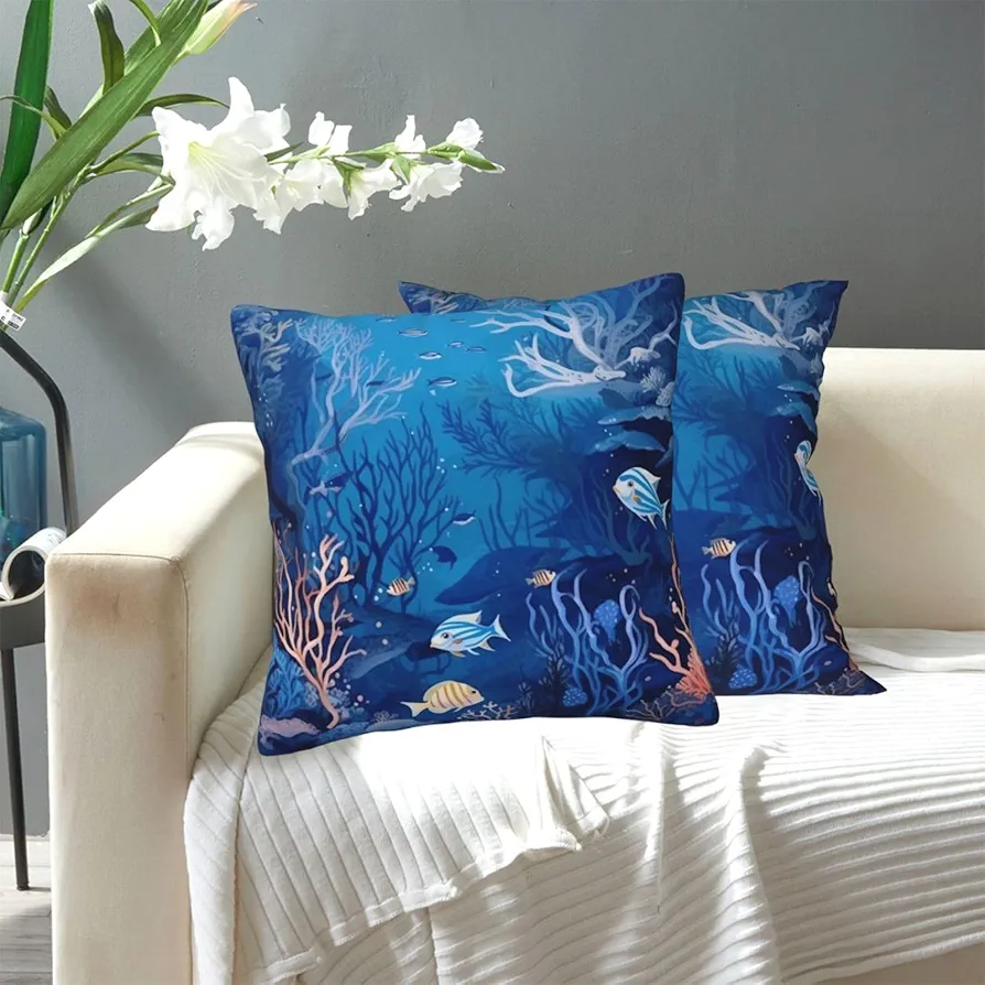 Throw Pillow Cover Underwater Sea Pattern Decorative Pillowcase Modern Square Pillow Covers Soft Cozy Cushion Covers with Hidden Zipper Throw Cushion Case for Living Room Sofa Couch 16"x16"