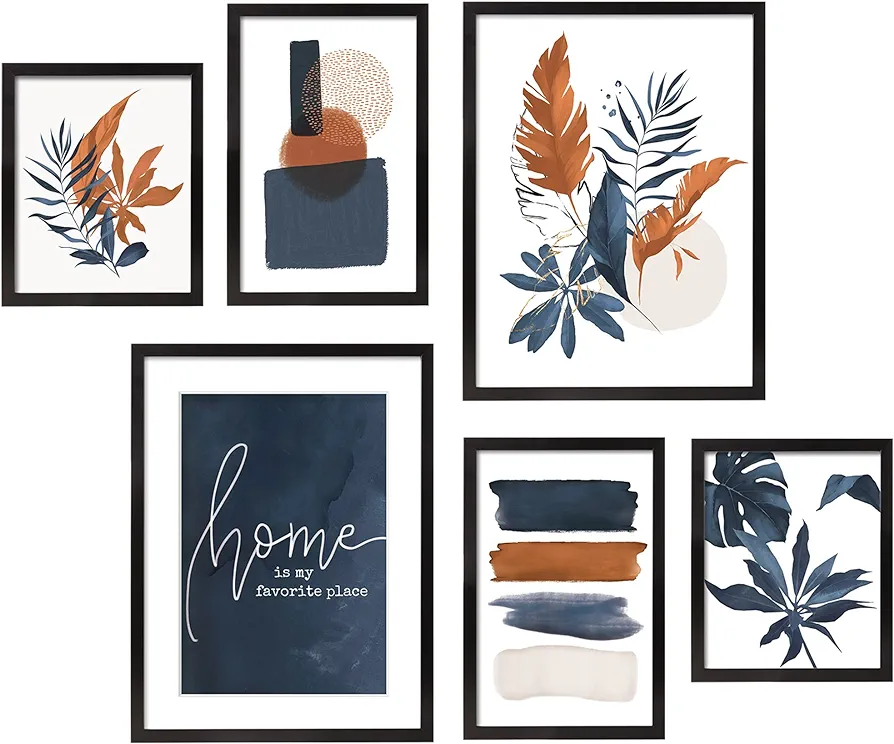 ArtbyHannah Framed Wall Art for Living Room, 6 Pieces Botanical Blue Orange Wall Art Sets with Tropical Plants for Gallery Wall Decor, Multi Sizes