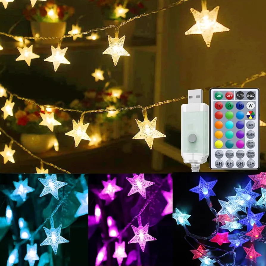 40ft Color Changing Star String Lights 120 LEDs, Hanging Twinkle Lights USB Powered for Bedroom, Bunk Bed Lights for Kids Room Indoor Outdoor with Remote