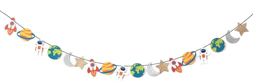 Trip to The Moon - Garland | Birthday, Baby Shower Decorations | Outer Space Party | Boys Room Decor | Space, Rocket, Planets, Stars | Out of This World Party Bunting