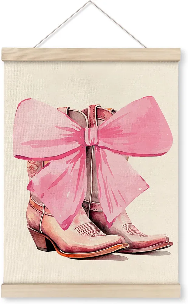 HRQKO Pink Cowgirl Bow Poster Hanger Frame, Cowgirl Room Decor, Bow Room Decor, Preppy Western Wall Art with Wooden Frames, Pink Cowboy Boot Wall Hanging Banner for Teen Girls Room Dorm, 12x16 Inch