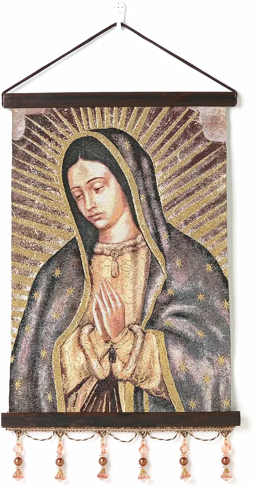 HZMAN Virgin Mary Painting Retro Handmade Weave Wall Art Decor Holy Our Lady Guadalupe Aesthetic Picture for Living Room Bedroom Wood Framed 17x12 inch