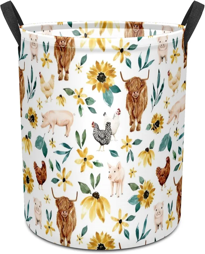 Boho Floral Highland Cow Pig Laundry Hamper,kids laundry Basket,Waterproof Storage Bin for Bedroom,Clothes Organizer Basket,Toys Box,Room Decor