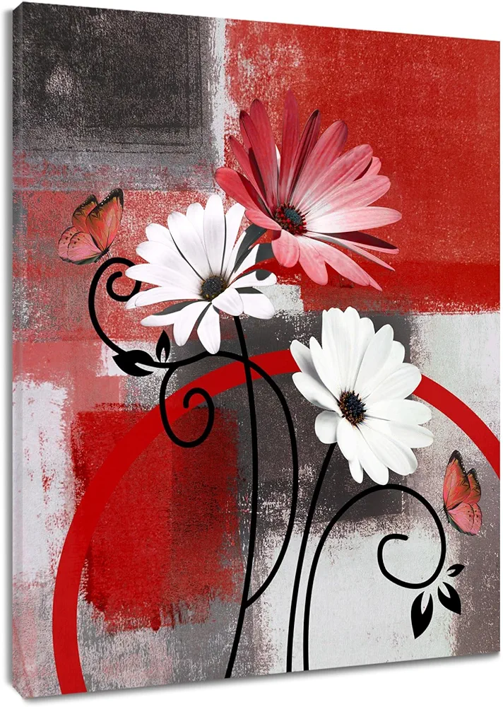 LB Red Daisy Geometric Wall Art for Bathroom Plant Flower and Butterfly Canvas Wall Art Wall Paintings Home Decor Rustic Floral Wall Pictures for Living Room Bedroom Office Ready To Hang,12x16 Inch