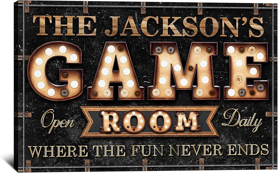 BMYDIY Personalized Game Room Wall Decor with Family Last Name Custom Vintage Rustic Man Cave, Lounge, Billiards Room Wall Art Canvas Prints