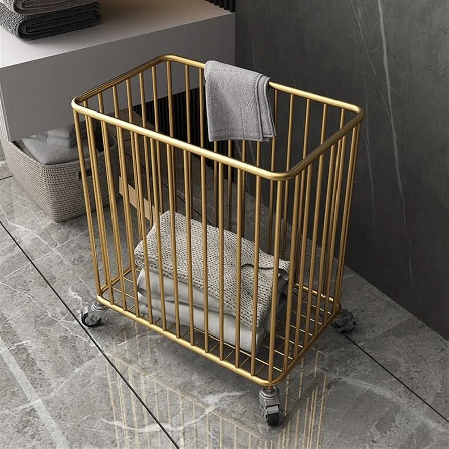 360° Laundry Hamper with Wheels, Rolling Laundry Basket Cart, Metal Rolling Basket for Room Organizer, for Living Room, Bathroom, Closet or Bedroom (Color : Gold)