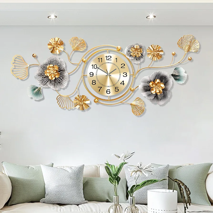 Large Wall Clock, Wall Clocks for Living Room Decor with Silent Movement and Rotatable Dial, 3D Metal Ginkgo Leaf Design for Living Room Wall Decor Wall Clocks（38''x18''）