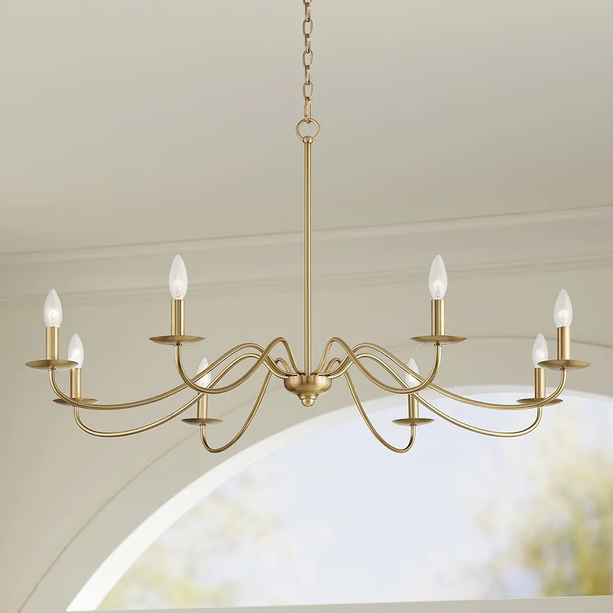 Franklin Iron Works Marinec Soft Gold Hanging Chandelier Lighting 42" Wide Farmhouse Rustic Bent Arms 8-Light Fixture for Dining Room Living House Home Foyer Kitchen Island Entryway High Ceilings