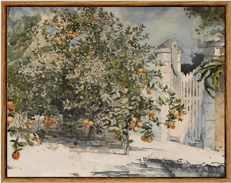 VIYYIEA Vintage Plant Wall Art, Orange Trees and Gate Painting Decor Aesthetic, Framed Canvas Print Artwork, Farmhouse Still Life Wall Pictures for Bedroom Living Room, 11x14 Inch