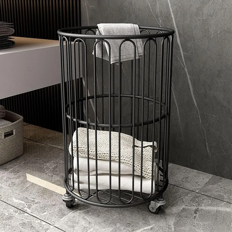 Rolling Laundry Baskets with Wheels, Metal Laundry Basket, Wrought Iron Toy Storage Box Kitchen Storage Basket, for Living Room, Bathroom or Bedroom, black