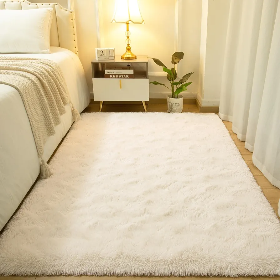 Softlife White Rug for Bedroom 4x5.3 Feet Area Rug for Living Room Soft Shaggy Rugs for Kids Room Fluffy Fuzzy Carpets Long Plush Bedside Rug Nursery Home Decoration for Boys Girls, Creamy White