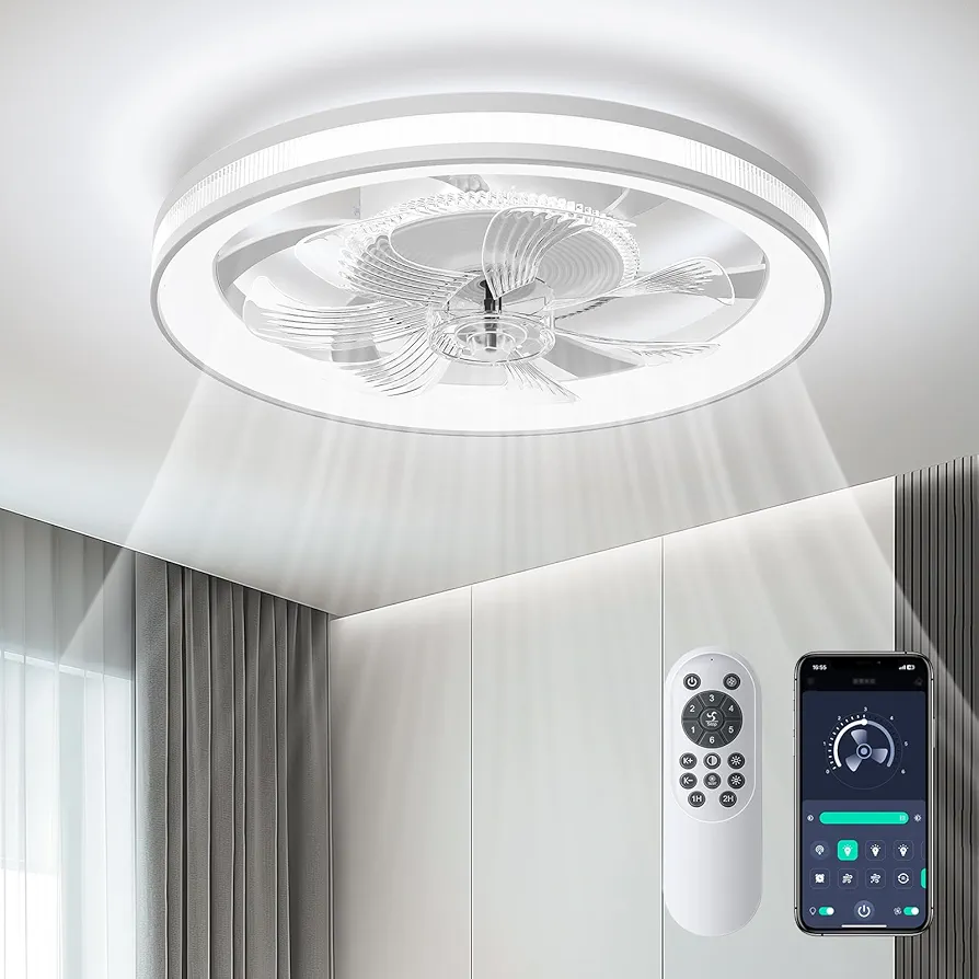 Modern Ceiling Fans with Lights: 19" Low Profile Ceiling Fan for Bedroom with Quiet DC Motor-Flush Mount Ceiling Fan with Remote Control Dimmable LED Bladeless Ceiling Fans for Indoor/Living Room