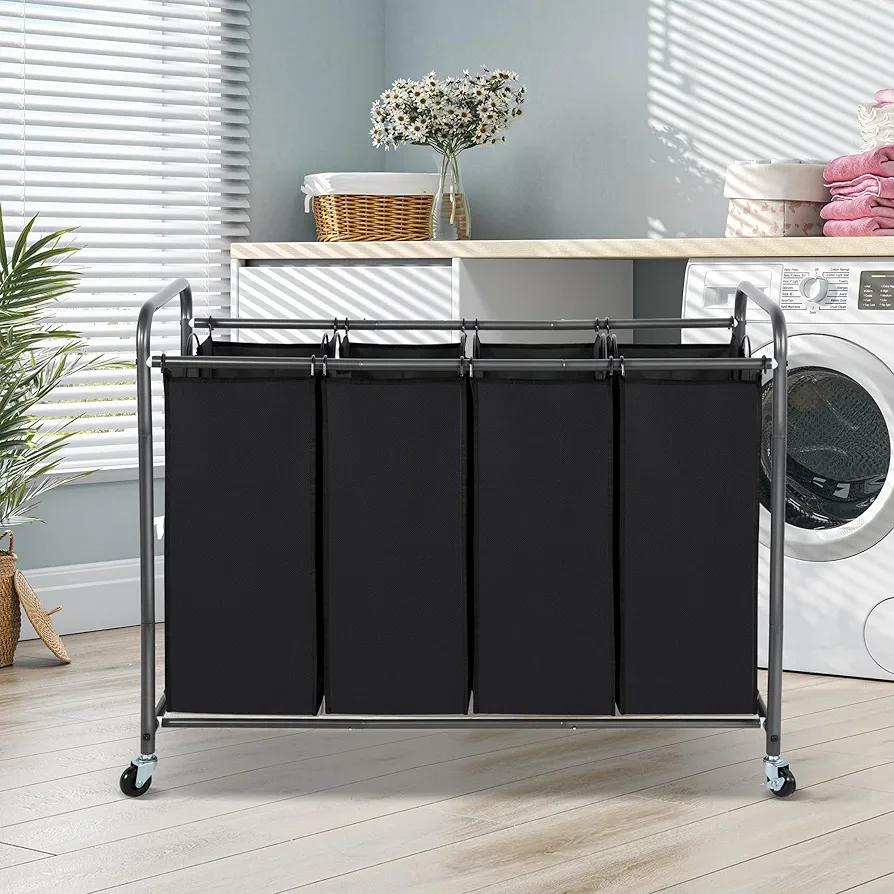 Laundry Sorter 4 Section, 4-Bag Heavy Duty Rolling Laundry Hamper Cart, Laundry Basket Organizer With Wheels and Removable Bags, Laundry Room Organization For Dirty Clothes Storage, BLACK