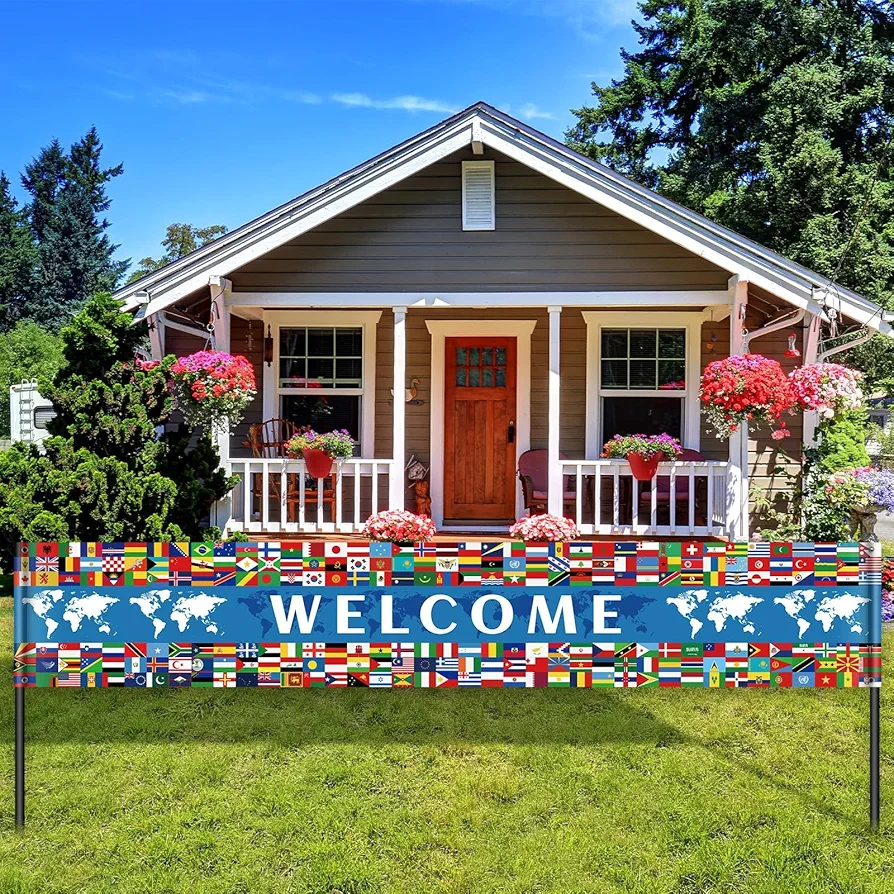 Tatuo International Decorations Welcome Banner Large World Flag Welcome Yard Sign Back to School Decorations Multicultural Country Flag Banner for Fence Garden Classroom Indoor Outdoor Decor